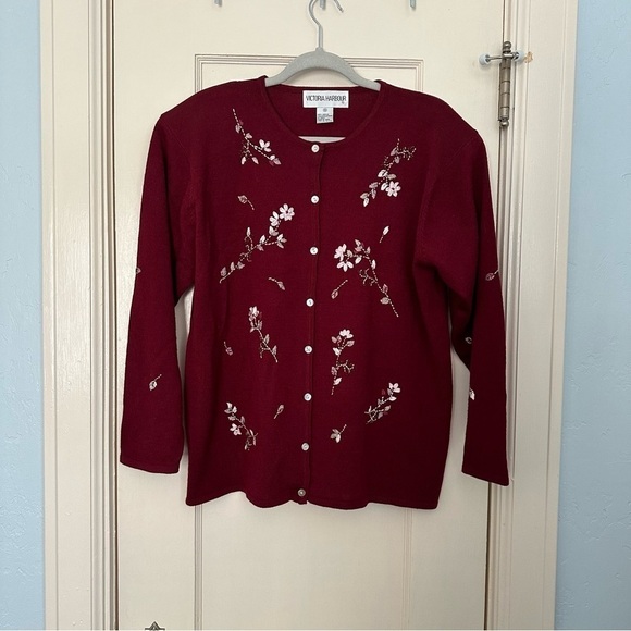 Victoria Harbour Vtg Cardigan Burgundy Beaded Cottagecore Granny Embroidery Sz M - Picture 3 of 12